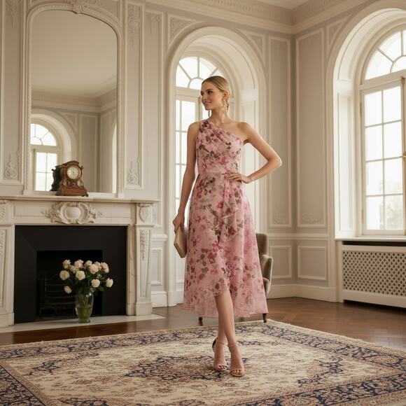 Adrianna Papell Dresses & Skirts - Adrianna Papell Pink Floral One‑Shoulder Hi‑Low Dress 4 NWT Side Zip Pockets